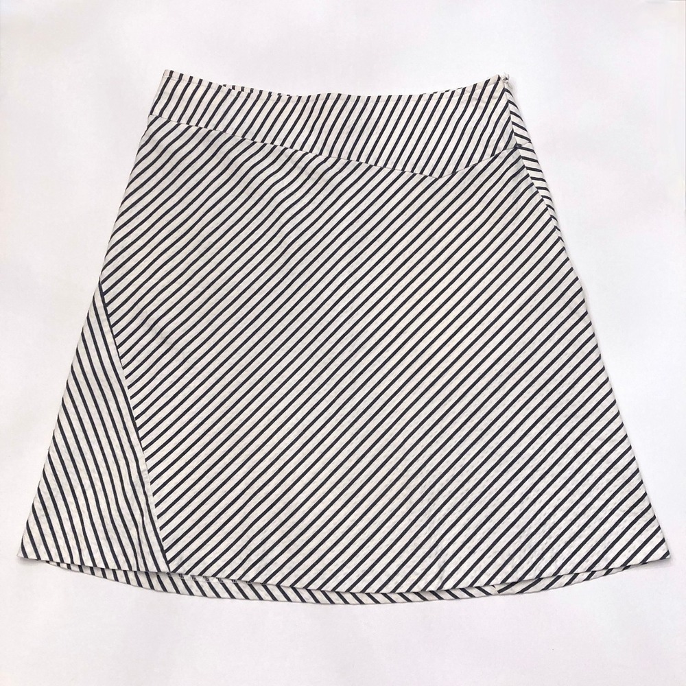 Womyn Bias Cut A Line Seersucker Skirt Womens 14 Navy White Striped Side Zip USA